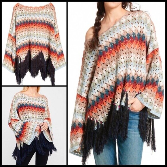 Free People Crochet Fringe Scalloped Hem Knit Poncho Top | Coastal Cowgirl Boho - Picture 15 of 16